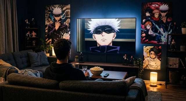 Faut-il regarder Jujutsu Kaisen : un fan devant sa télévision qui montre Satoru Gojo, posters et figurines dans le salon