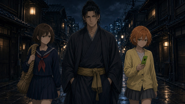 Geto avec les jumelles, l'une porte une corde, l'autre un téléphone — Jujutsu Kaisen