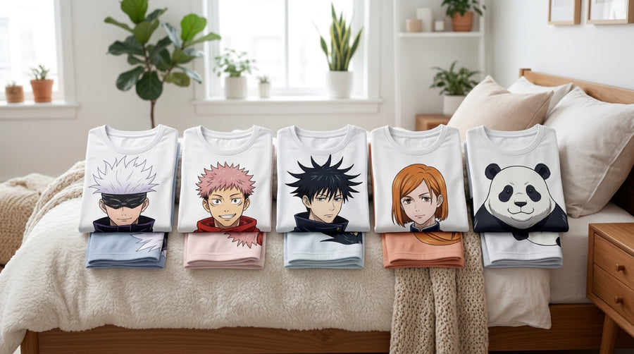 Ensembles de pyjama Jujutsu Kaisen pliés sur un lit, motifs Gojo, Itadori, Megumi, Nobara et Panda