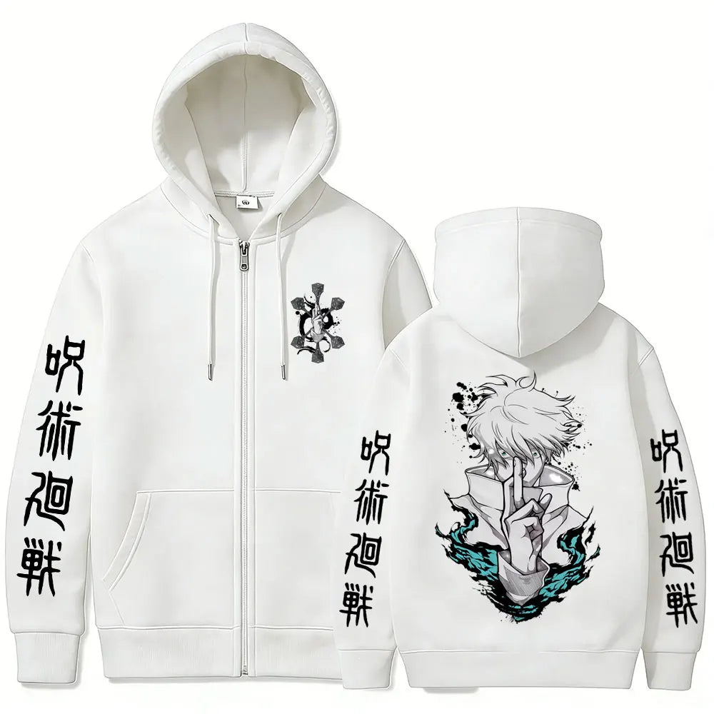 Gilet zippé à capuche blanc, impression personnage et caractères sur manches