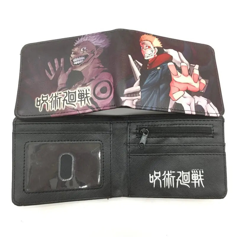 Porte-feuilles noir à rabat, impression anime, poche zippée et fenêtre transparente