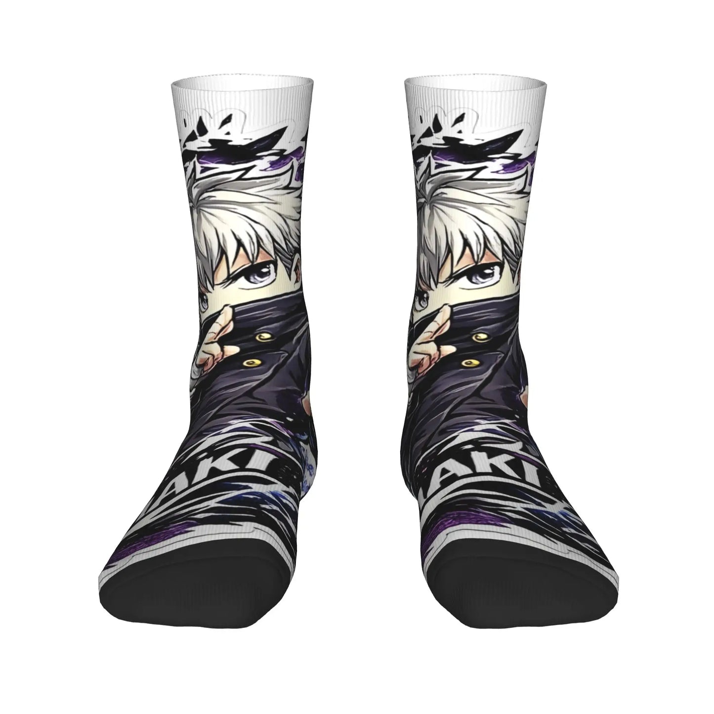 Paire de chaussettes montantes noir et gris, motif visage anime violet