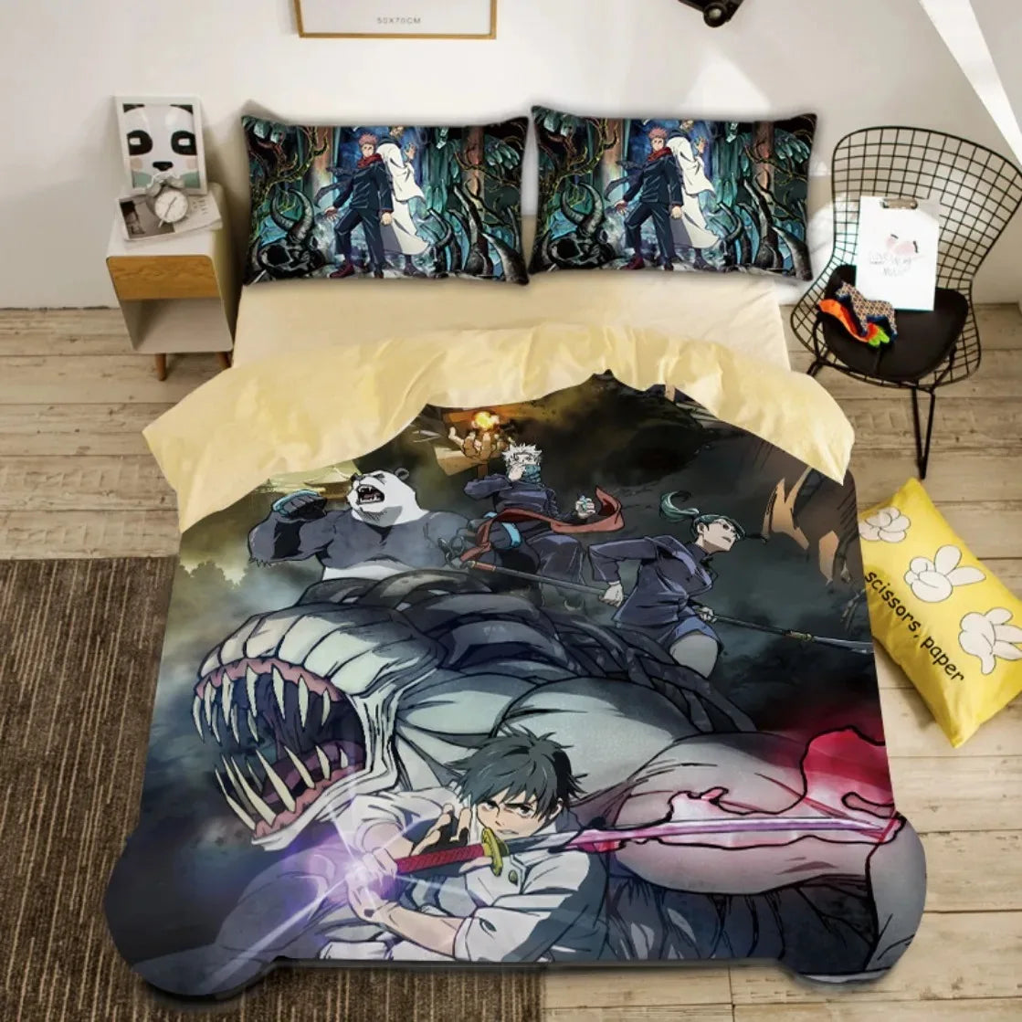 Parure de lit avec housse de couette et taies illustrées, style anime, tons sombres.