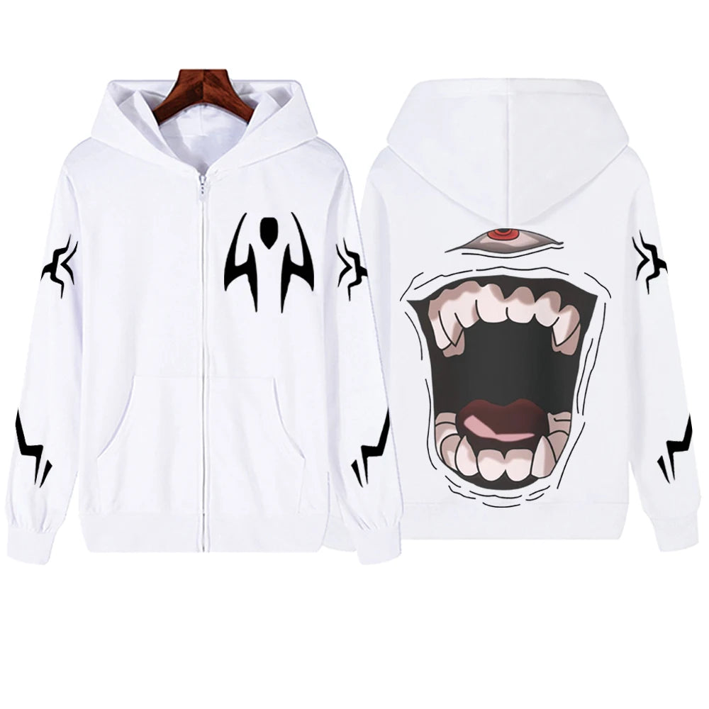 Veste à capuche zippée blanche, imprimés manga sur le torse et les manches.