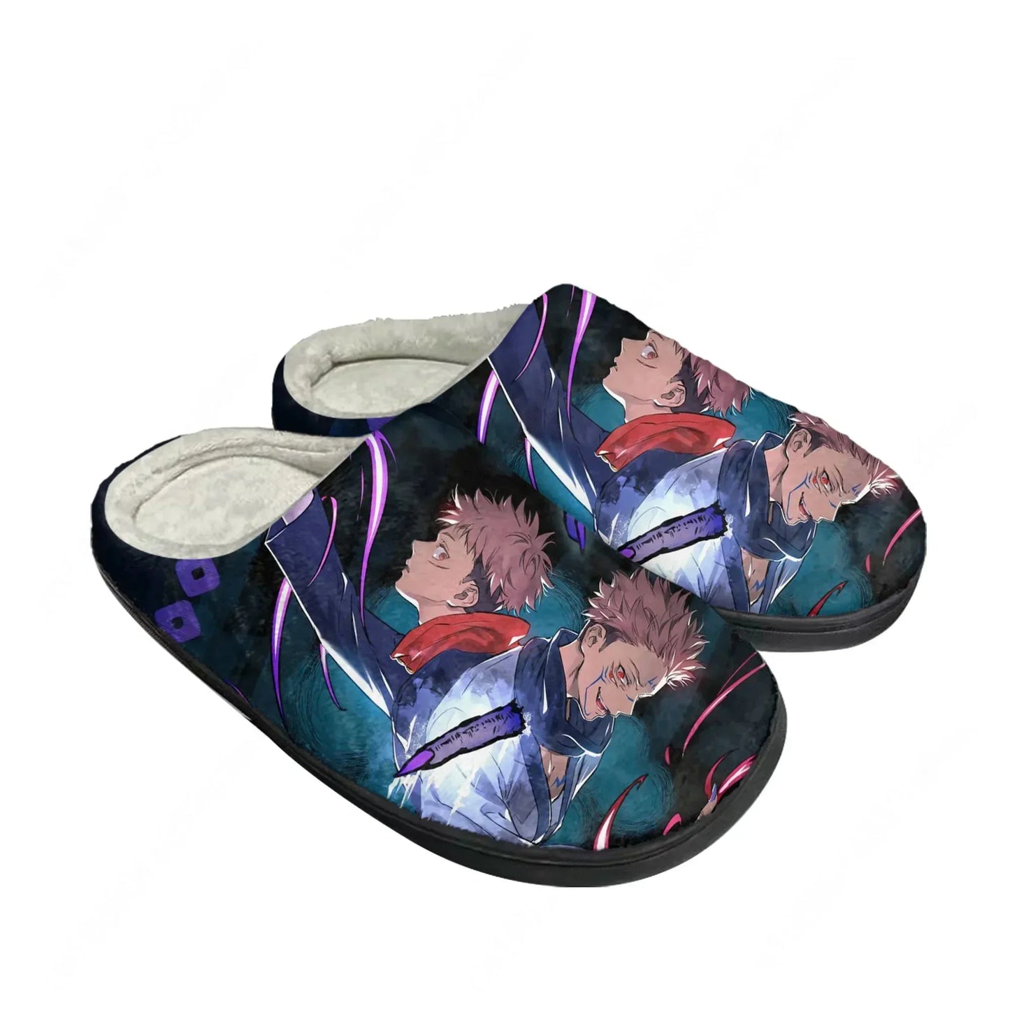 Chaussons en tissu bleu foncé à motifs animés, semelle sombre et intérieur clair