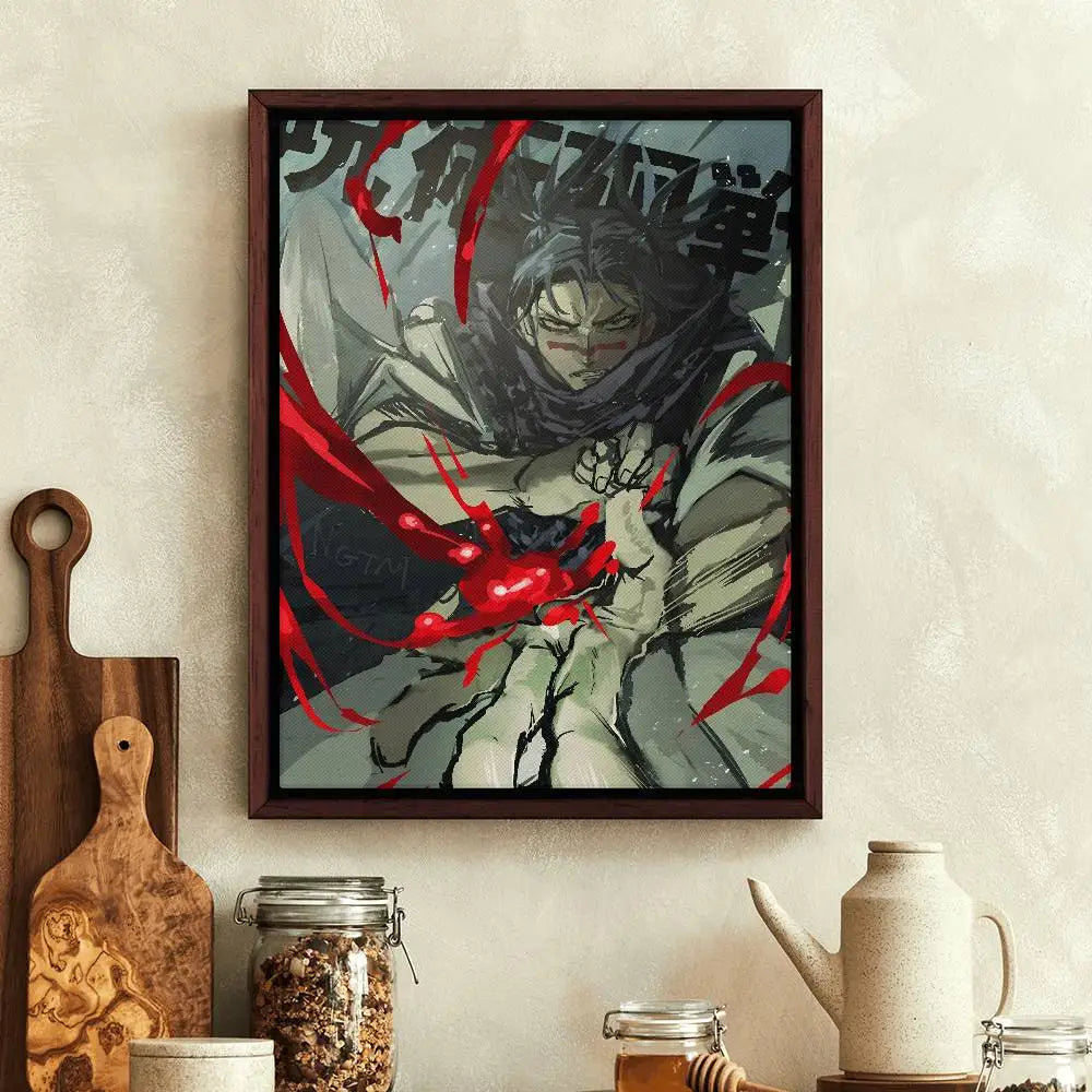 Poster Jujutsu Kaisen Choso Kanji Sanglant : affiche encadrée de style manga, personnage gris et noir avec détails rouges