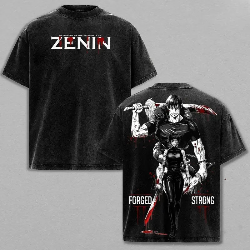 T-shirt noir avec « ZENIN » devant et duo de personnages imprimé au dos