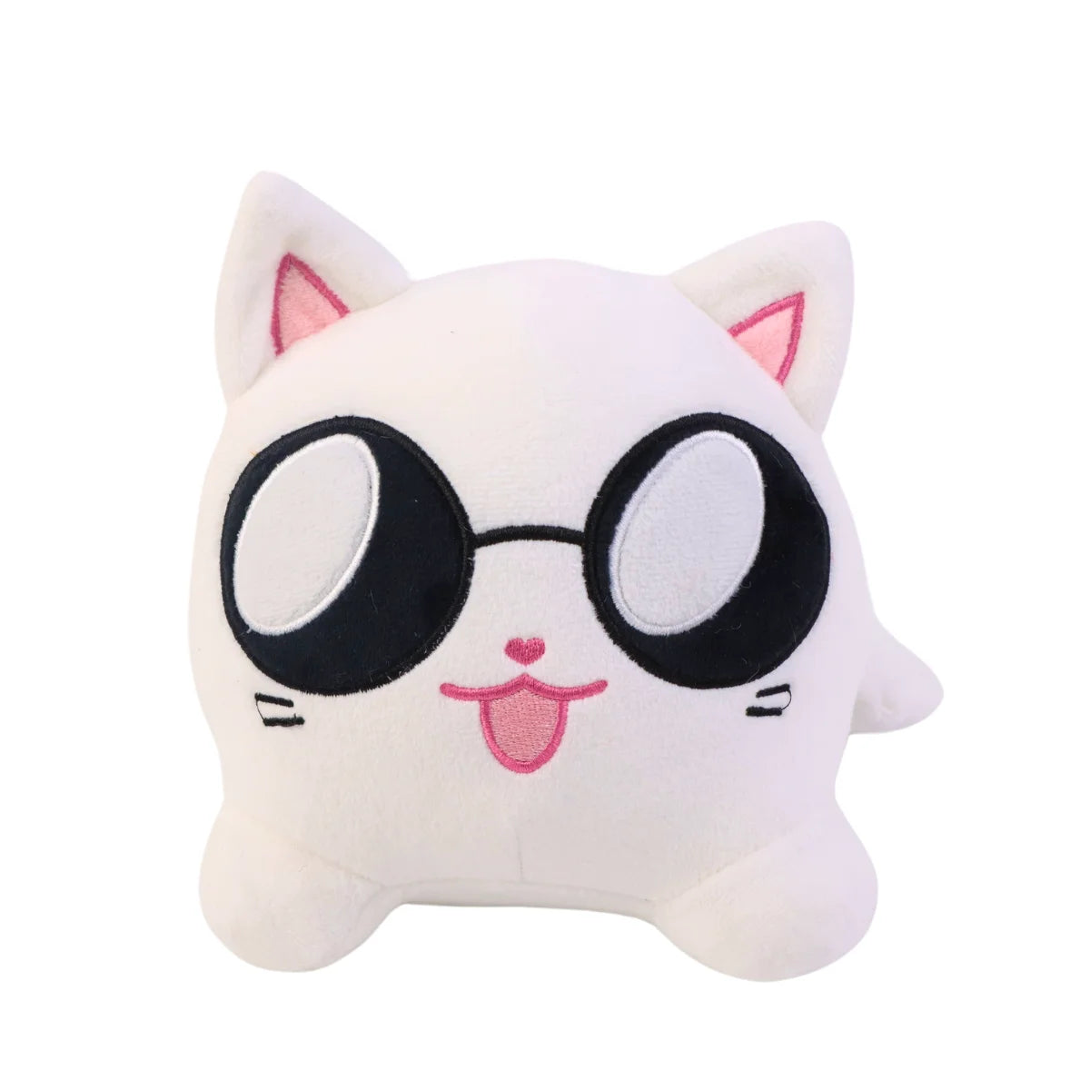 Peluche chat blanche à lunettes rondes noires, nez rose et petites oreilles.