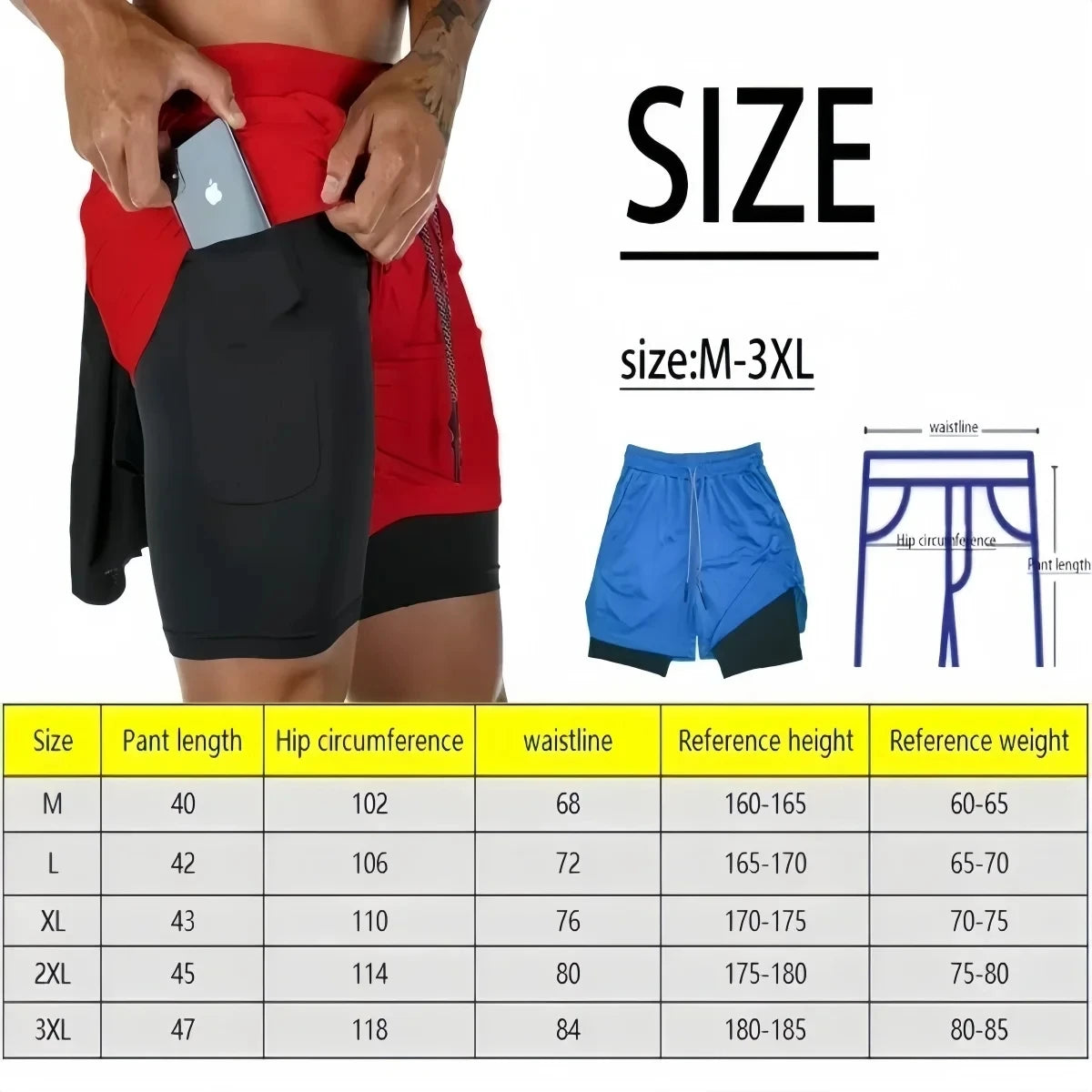 Short noir avec taille élastique et cordon à l’avant, taille M-3XL