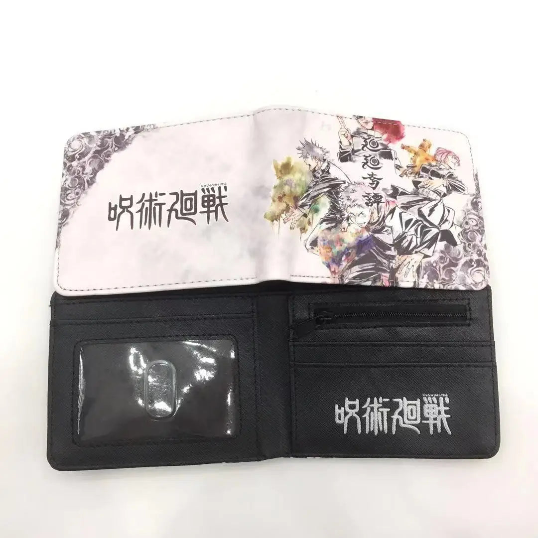 Portefeuille bi-matière blanc et noir, poche transparente pour cartes et imprimé manga.