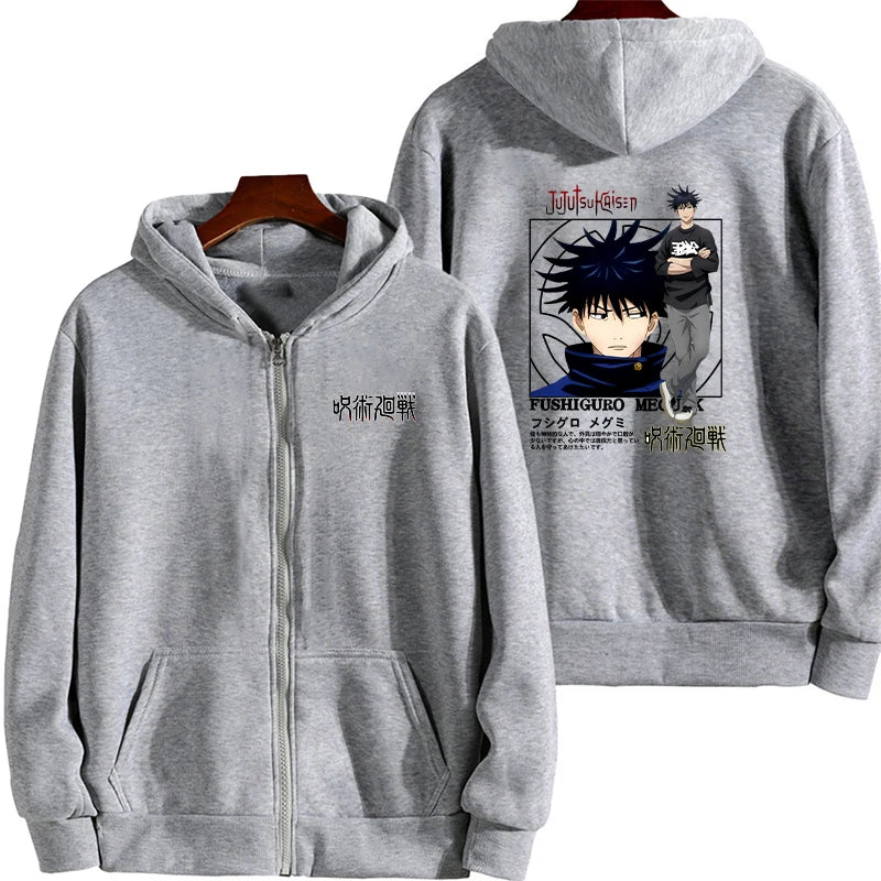 Veste à capuche zippée gris chiné, imprimé manga sur le panneau arrière.