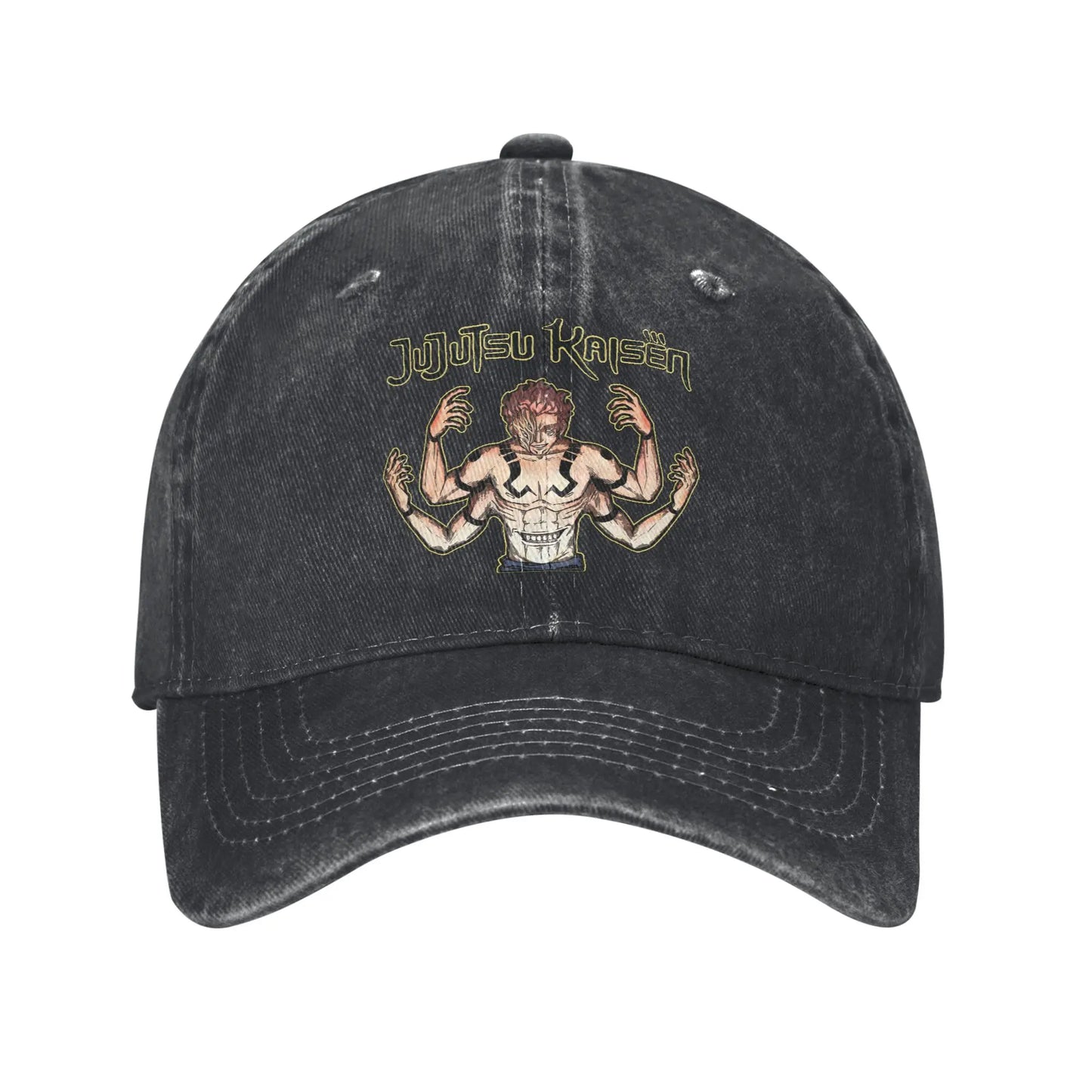 Casquette noire avec broderie Jujutsu Kaisen et personnage aux quatre bras.