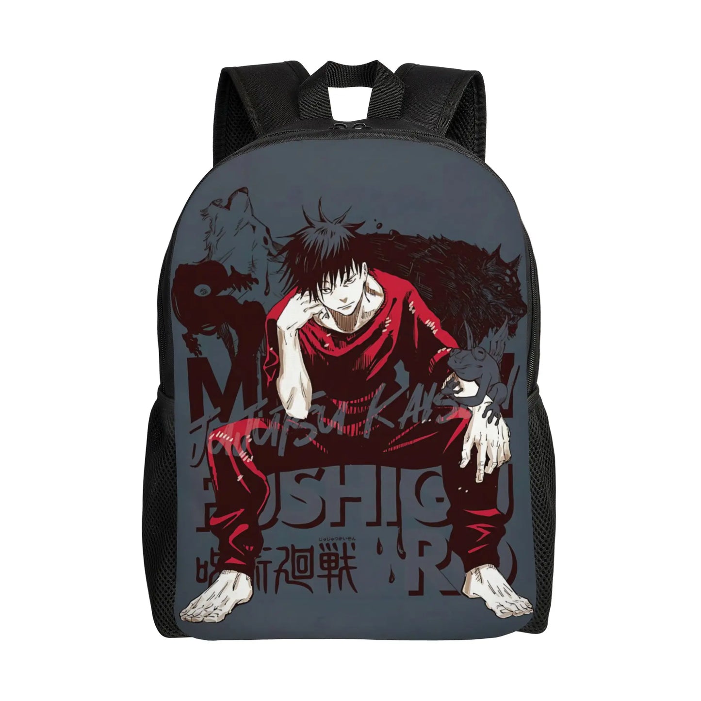 Sac à dos noir avec personnage imprimé sur fond bleu-gris et détails rouges