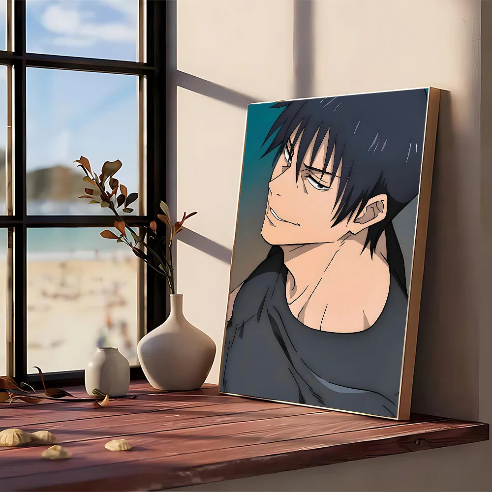 Poster Jujutsu Kaisen Toji Sourire Bleu Ciel : anime Toji, visage souriant sur fond bleu ciel, cheveux noirs