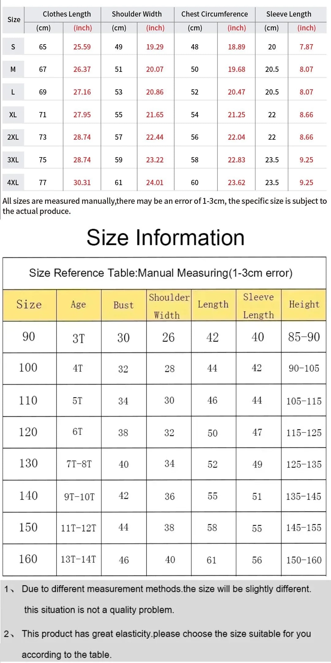 T-shirt size chart with measurements for length, chest, sleeve, shoulder width