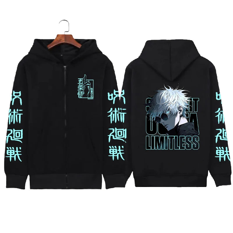 Veste à capuche zippée noire, graphique « LIMITLESS » et lettrage turquoise sur manches