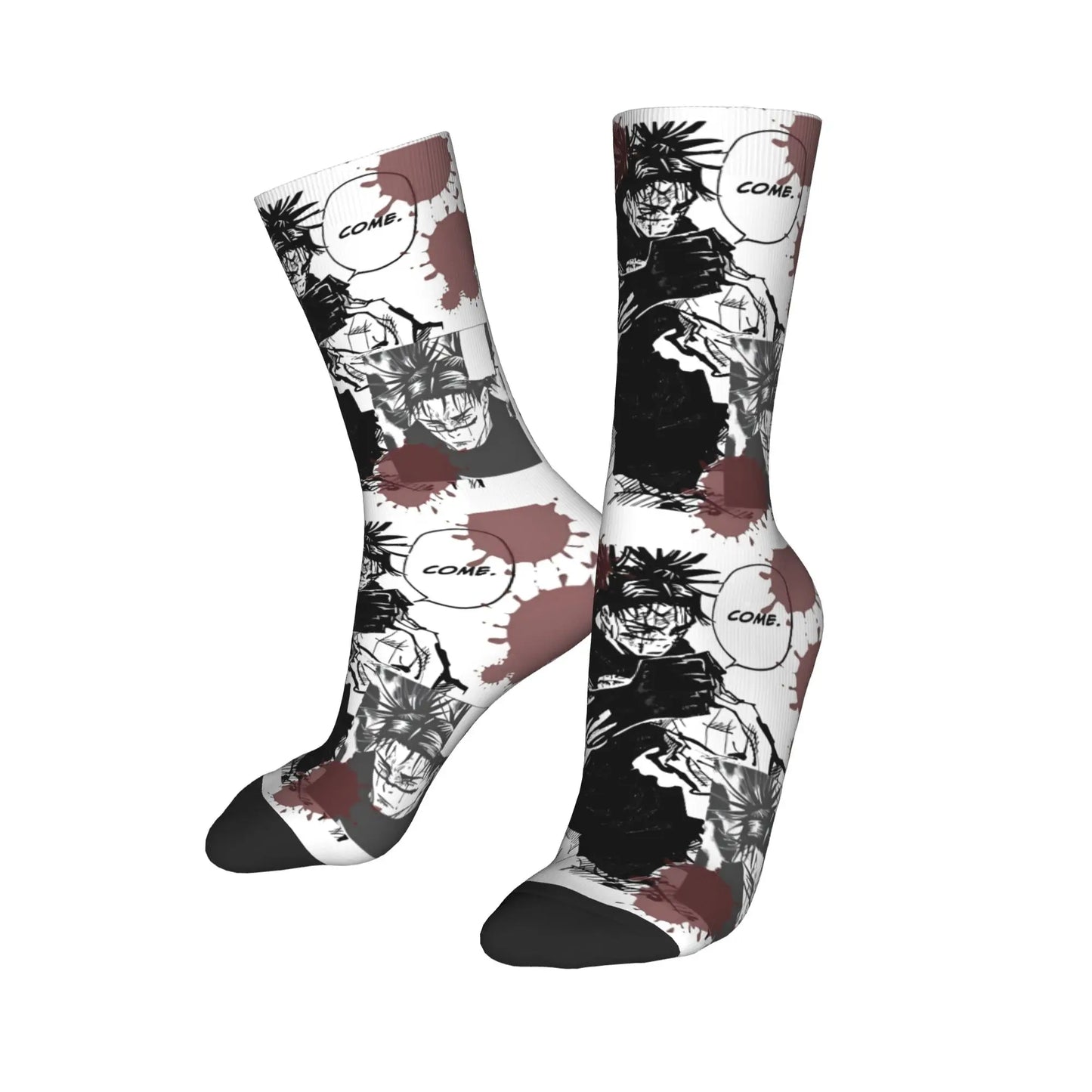Chaussettes mi-mollet blanches à motifs manga noir et rouge, semelle noire.