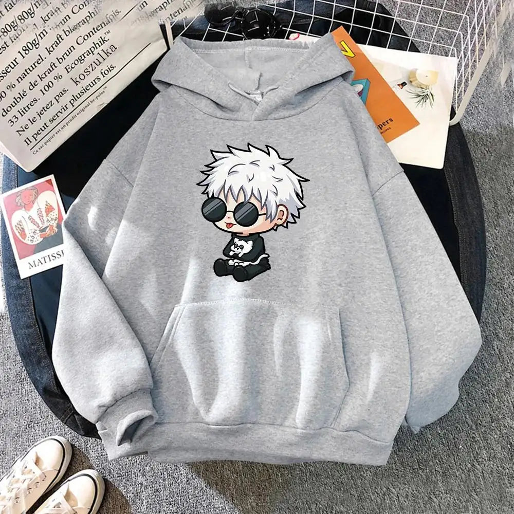 Heather gray hooded sweatshirt with kangaroo pocket, drawstring hood, and character graphic