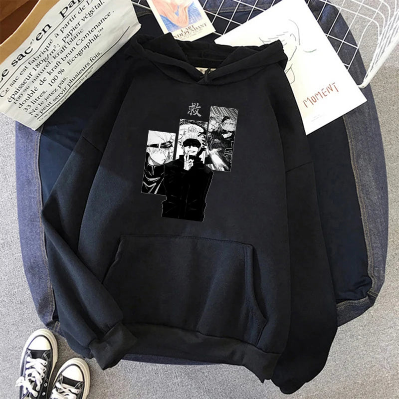 Pull à capuche noir avec motif graphique sur la poitrine et cordon de capuche