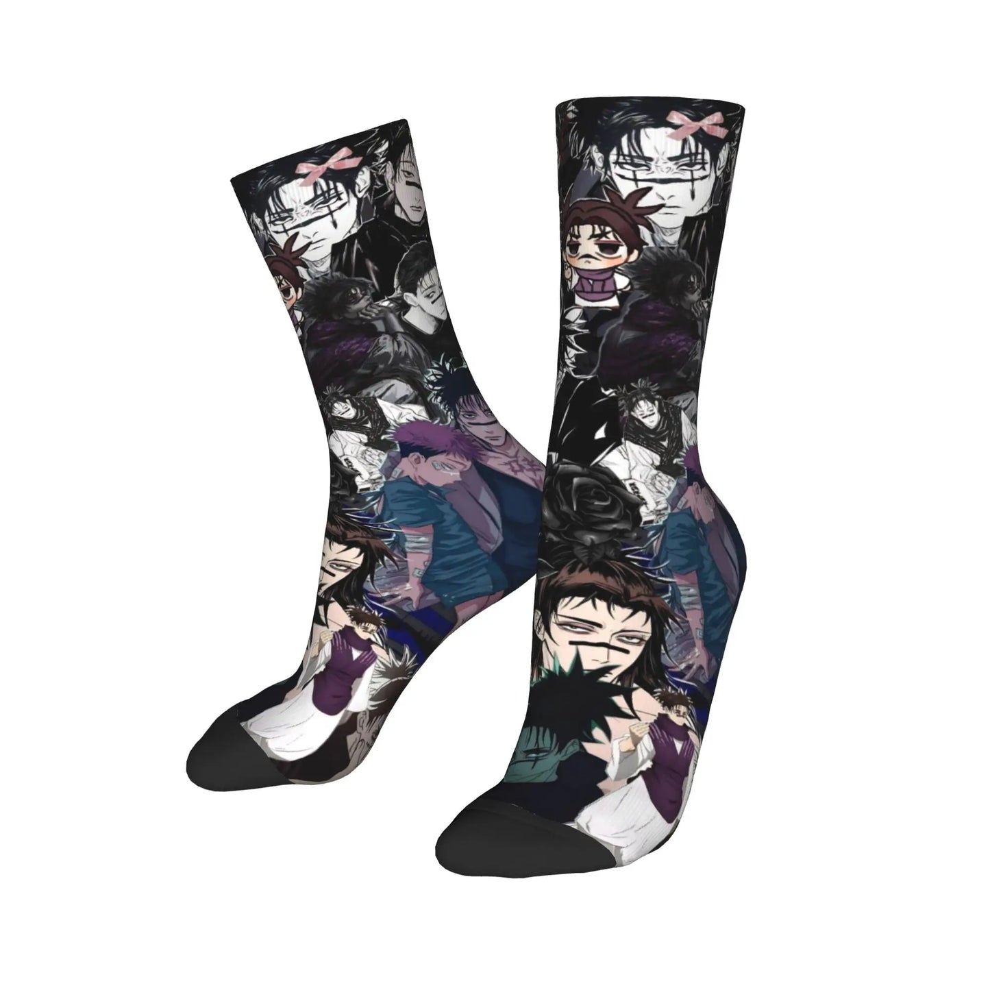 Paire de chaussettes hautes à motif manga multicolore sur fond noir