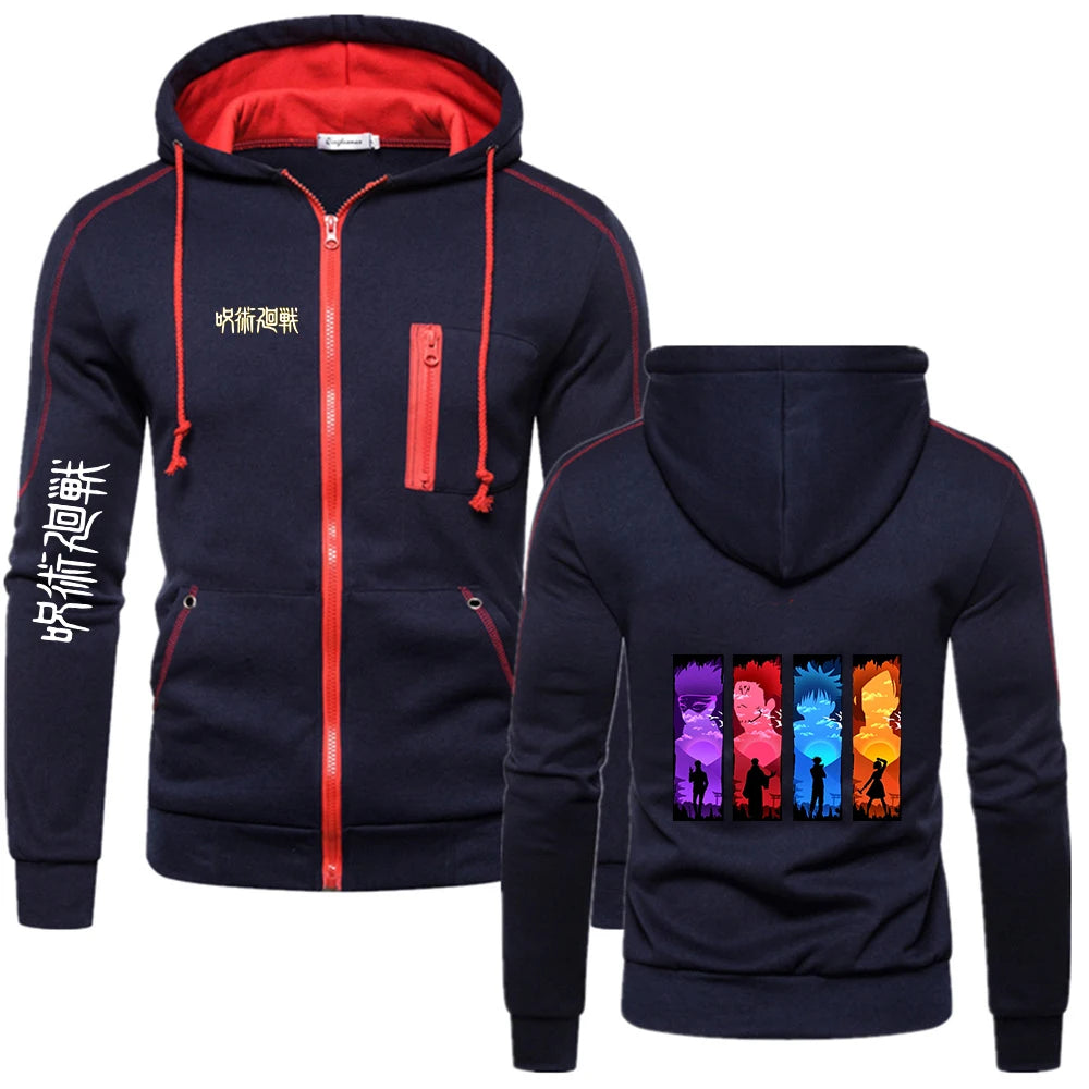 Veste à capuche zippée bleu marine à coutures rouges, poches et imprimés sur manche