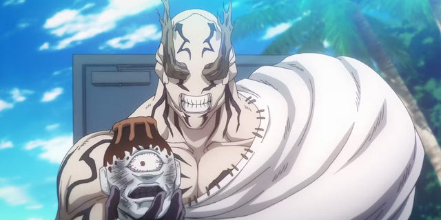 Les méchants de Jujutsu Kaisen : Mahito souriant tenant la tête de Jogo après l'Incident de Shibuya
