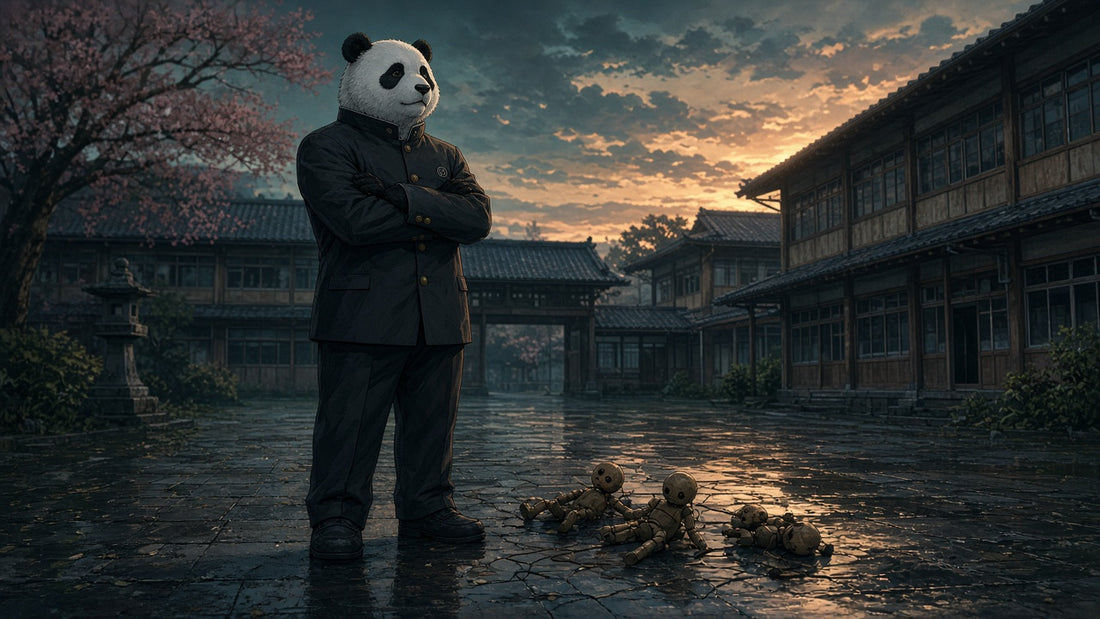 Panda en uniforme dans une cour d'école, poupées de bois à ses pieds — Jujutsu Kaisen