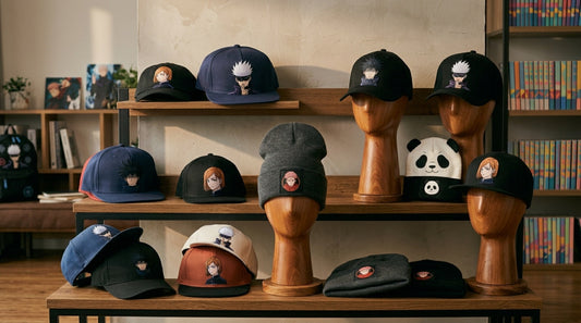 Casquettes et bonnets Jujutsu Kaisen exposés sur des étagères et des têtes de mannequin, motifs Gojo, Nobara, Megumi et Panda
