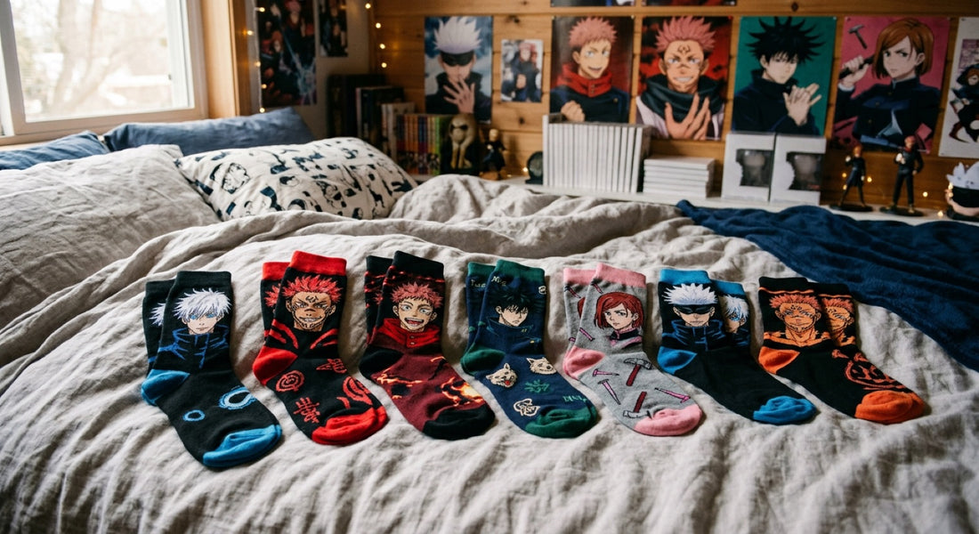 Chaussettes Jujutsu Kaisen : sept paires aux motifs Gojo, Sukuna, Itadori, Megumi et Nobara posées sur un lit de fan