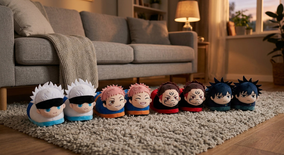Chaussons Jujutsu Kaisen : quatre paires de chaussons peluche Gojo, Yuji, Sukuna et Megumi sur un tapis de salon