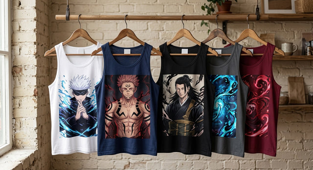 Tanktops Jujutsu Kaisen: fünf Tanktops mit Druck von Gojo, Sukuna und Geto, an Bügeln hängend vor einer Ziegelwand