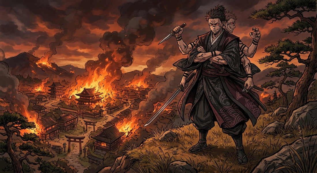 L'ère Heian dans Jujutsu Kaisen : Sukuna en sorcier humain à quatre bras dominant un village japonais ancien en flammes