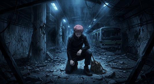 Les grandes morts de Jujutsu Kaisen : Yuji Itadori agenouillé seul dans une station de Shibuya dévastée après l'incident