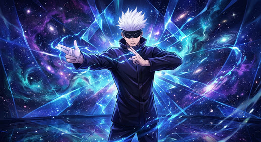 Jujutsu Kaisen en japonais : Satoru Gojo déployant son extension du territoire, espace cosmique bleu et violet