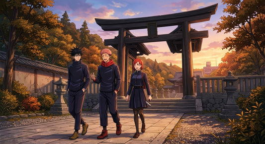 Résumé de Jujutsu Kaisen arc par arc : Yuji, Megumi et Nobara devant le torii de l'école d'exorcisme de Tokyo