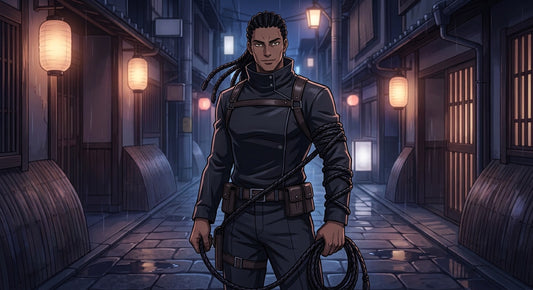 Miguel, sorcier étranger de Jujutsu Kaisen, sa corde noire enroulée autour du bras dans une ruelle nocturne