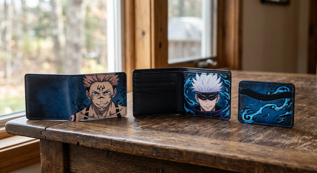 Portefeuilles Jujutsu Kaisen : portefeuille pliable Sukuna, portefeuille ouvert Gojo et porte-cartes aux motifs d'énergie bleue sur une table en bois