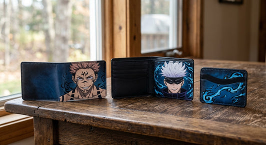Portafogli Jujutsu Kaisen: portafoglio pieghevole Sukuna, portafoglio aperto Gojo e portacarte con motivi di energia blu su un tavolo di legno