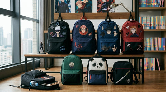 Sacs à dos Jujutsu Kaisen alignés sur un portant devant une fenêtre, motifs Gojo, Itadori, Megumi et Nobara