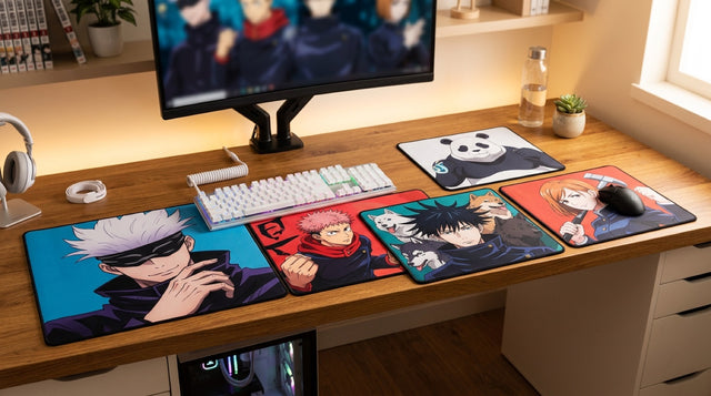Tapis de souris Jujutsu Kaisen déployés sur un bureau gaming, visuels Gojo, Itadori, Megumi, Nobara et Panda