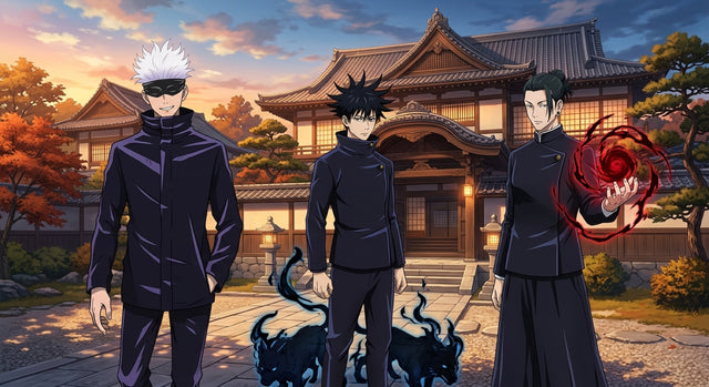 Les trois grandes familles de Jujutsu Kaisen : Gojo, Megumi et ses chiens divins et Noritoshi Kamo devant une demeure traditionnelle