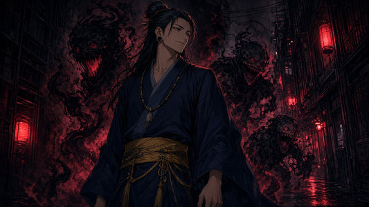 Suguru Geto en kimono dans une ruelle rouge, des fléaux autour de lui — Jujutsu Kaisen
