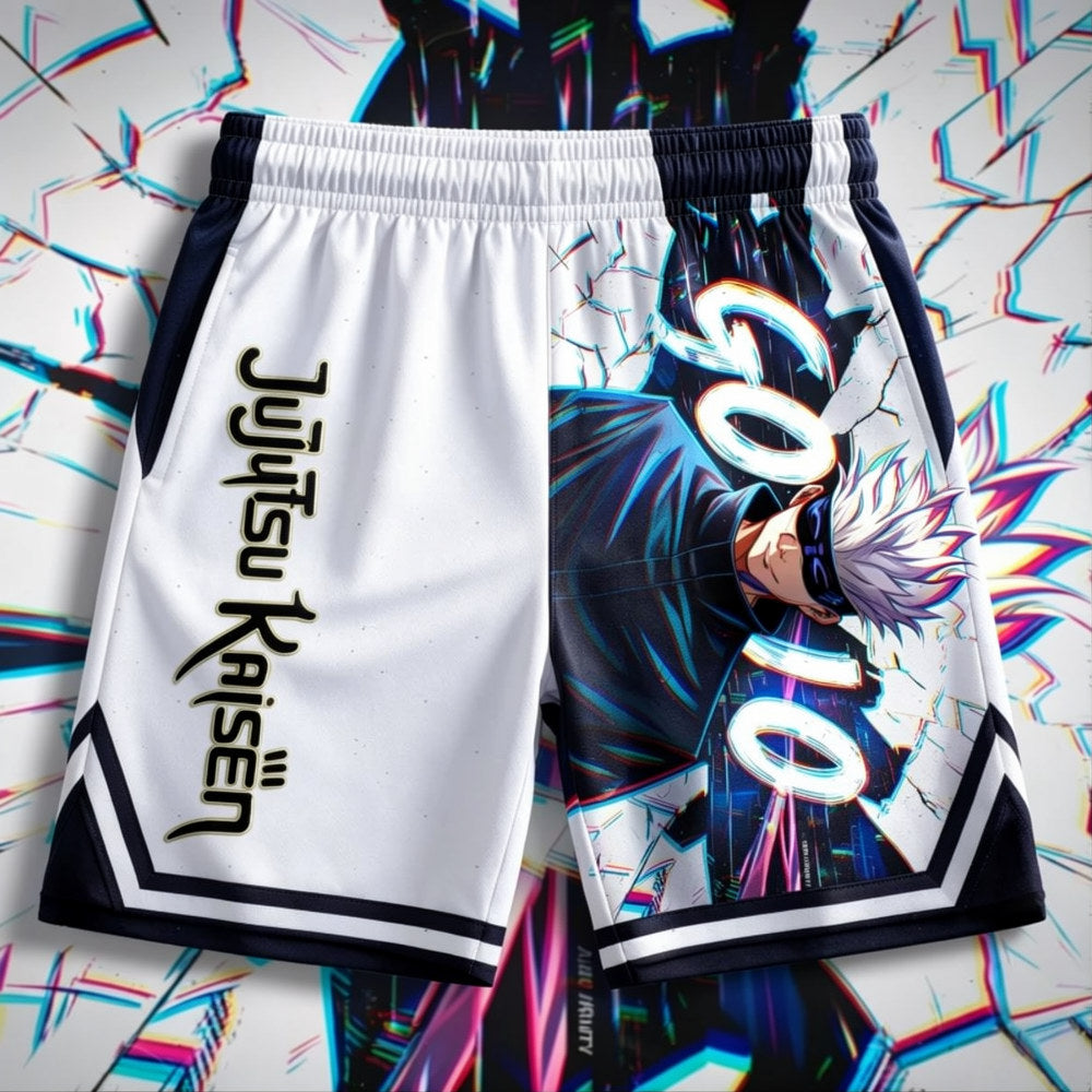 Short blanc à taille élastique, grand imprimé anime bleu et noir, texte vertical.