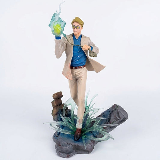 Figurine Nanami Kento en costume, lunettes, tenant une lame lumineuse bleue sur un socle.