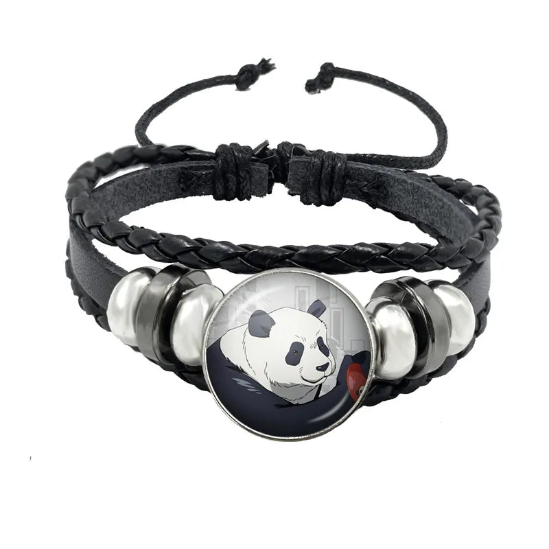 Bracelet Jujutsu Kaisen Kyoto noir tressé, cabochon rond panda, finitions argentées