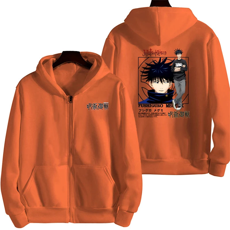 Veste à capuche zippée orange avec imprimé personnage devant et au dos