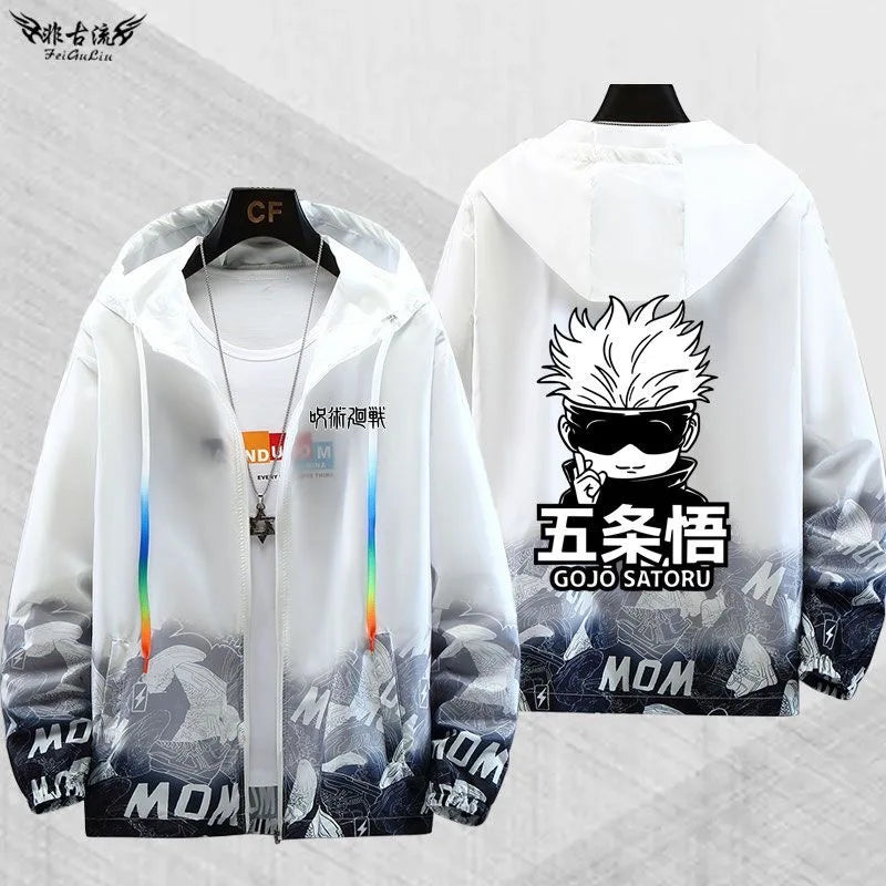 Gilet transparent Gojo Jujutsu Kaisen à capuche, dos imprimé GOJŌ SATORU et finitions bleu