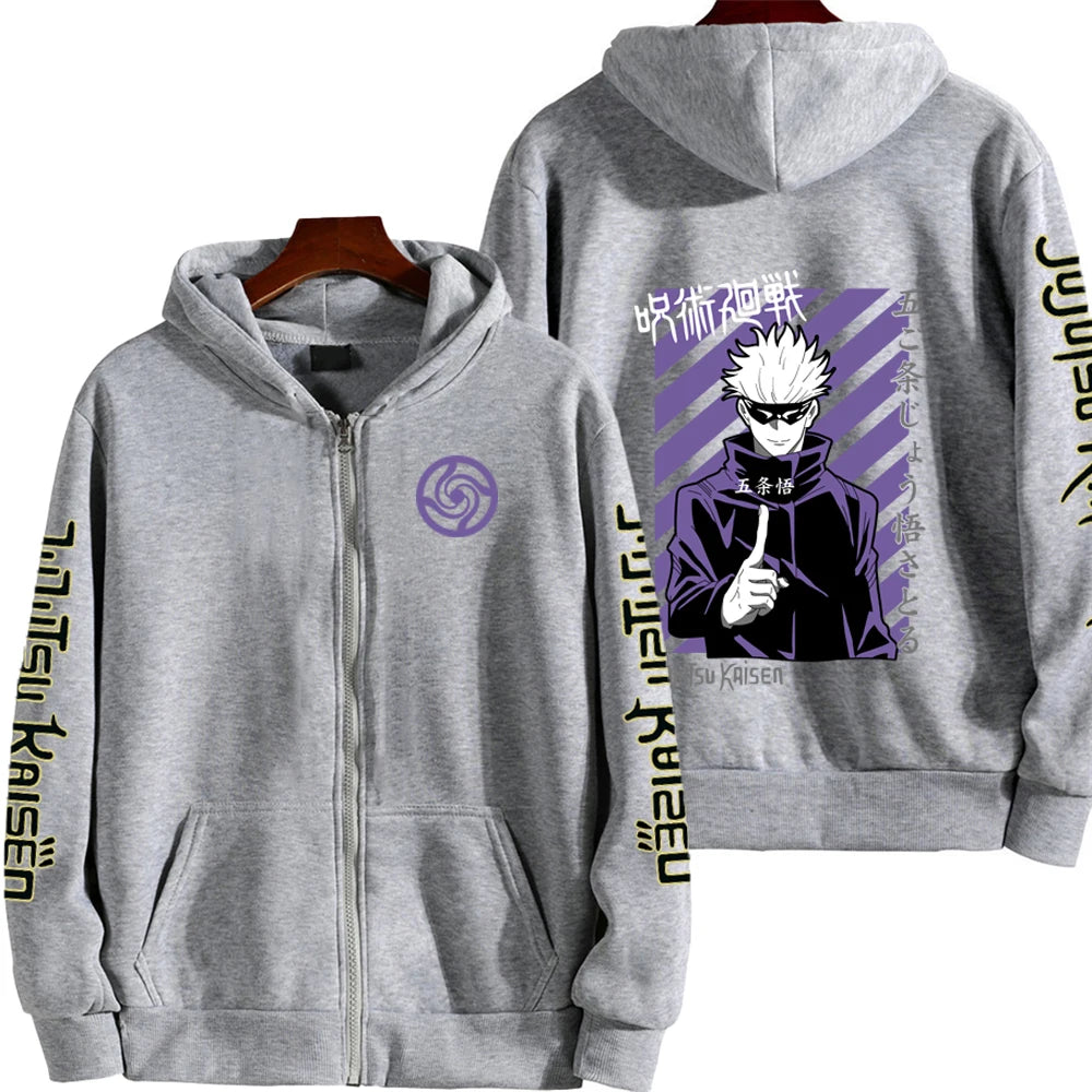 Veste à capuche zippée grise, motif violet au dos et spirale au devant.