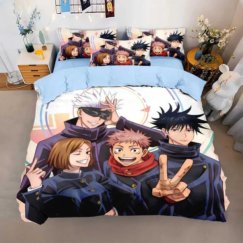 Parure de lit : housse de couette bleu clair avec personnages animés, taies assorties