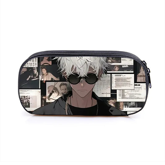 Trousse Jujutsu Kaisen Gojo : à fermeture éclair, motif anime avec personnage aux cheveux blancs.
